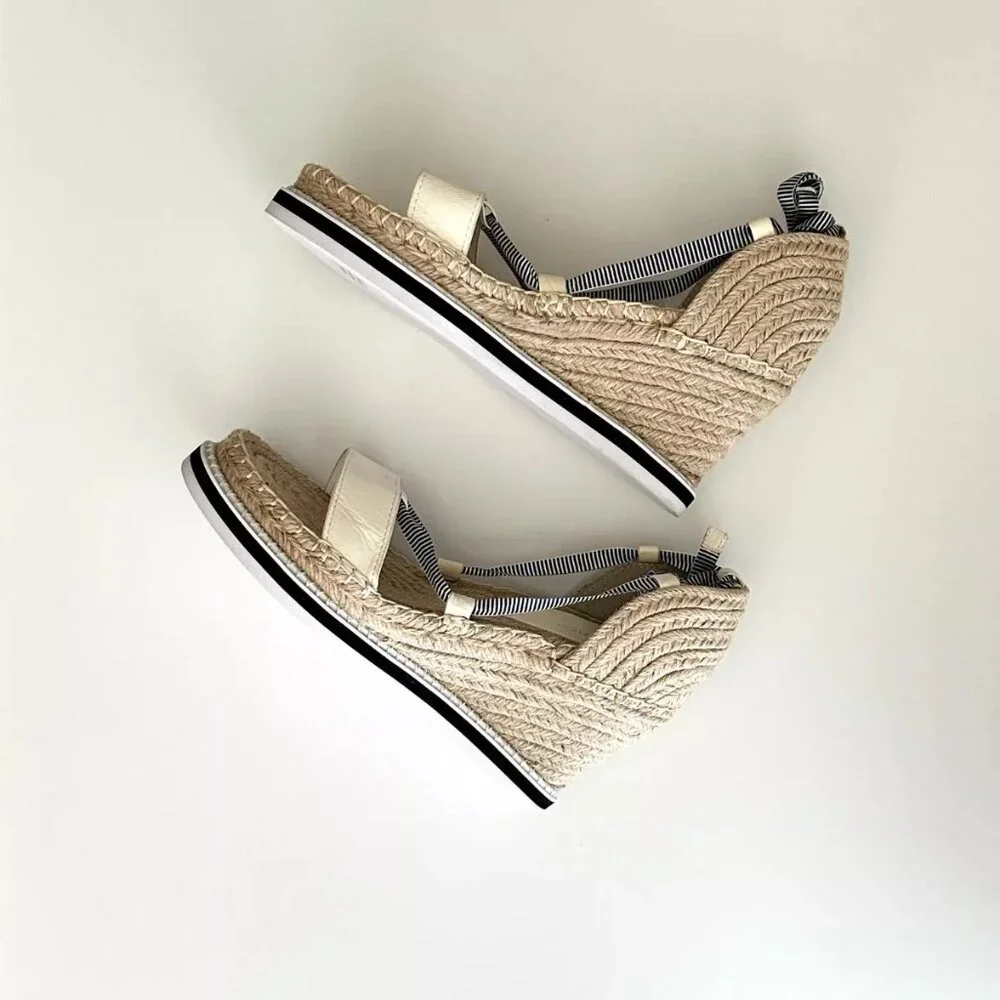 NEW TONY BIANCO Ankle Wrap Espadrille Wedge Sandals in White/Blue Stripe Size 8